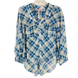 Free People Blue Plaid Sheer Top Roll Tab Sleeves Pockets Collared Women’s Small